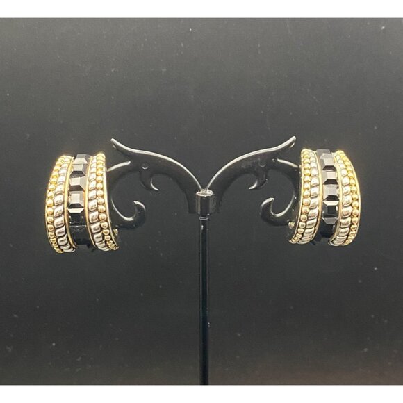 Jewelry - Vintage Clip-On Earrings Hoop Two Tone Black Faceted Glass Statement Chunky